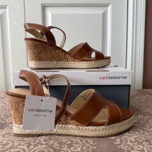 Liz Claiborne Tan Brown Leather Espadrille Wedge Sandals
